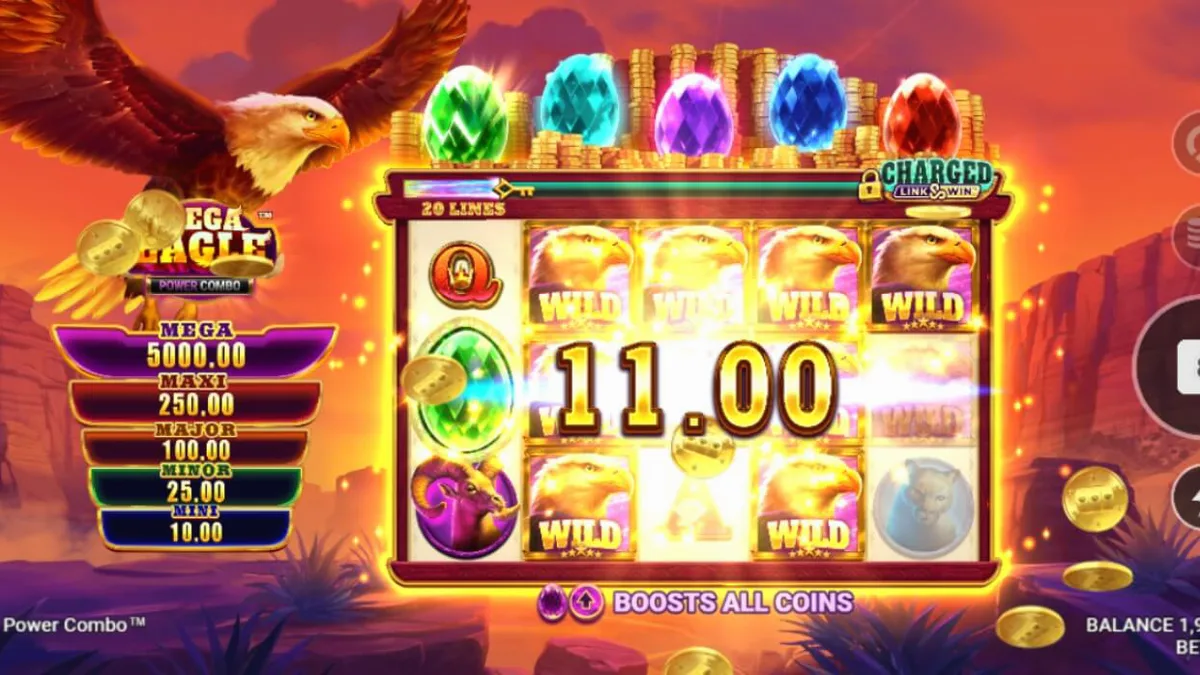 Mega Eagle Power Combo slot machine interface featuring majestic eagles and mountain scenery